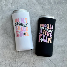 Load image into Gallery viewer, In My Spooky Bride Era and Ghouls Just Wanna Have Fun Halloween Bachelorette Slim Seltzer Can Coolers
