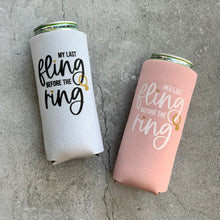 Load image into Gallery viewer, Last Fling Before the Ring Bachelorette Party Slim Can Coolers
