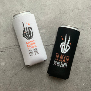 Bride or Die and Til Death Do Us Party Halloween Bachelorette Slim Seltzer Can Coolers