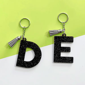 Black with Silver Glitter Acrylic Initial Keychain with Tassel