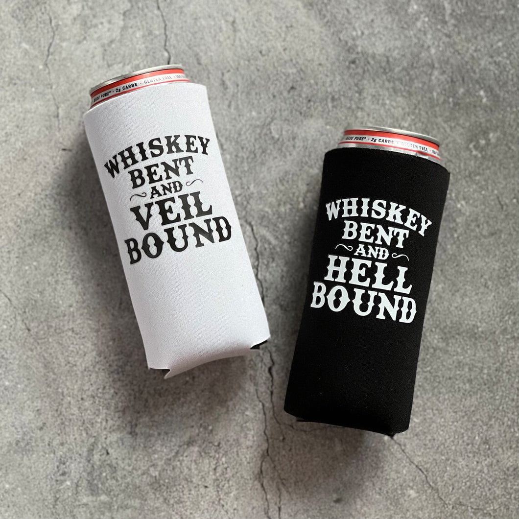 Whiskey Bent and Veil Bound Hell Bound Bachelorette Slim Seltzer Can Coolers