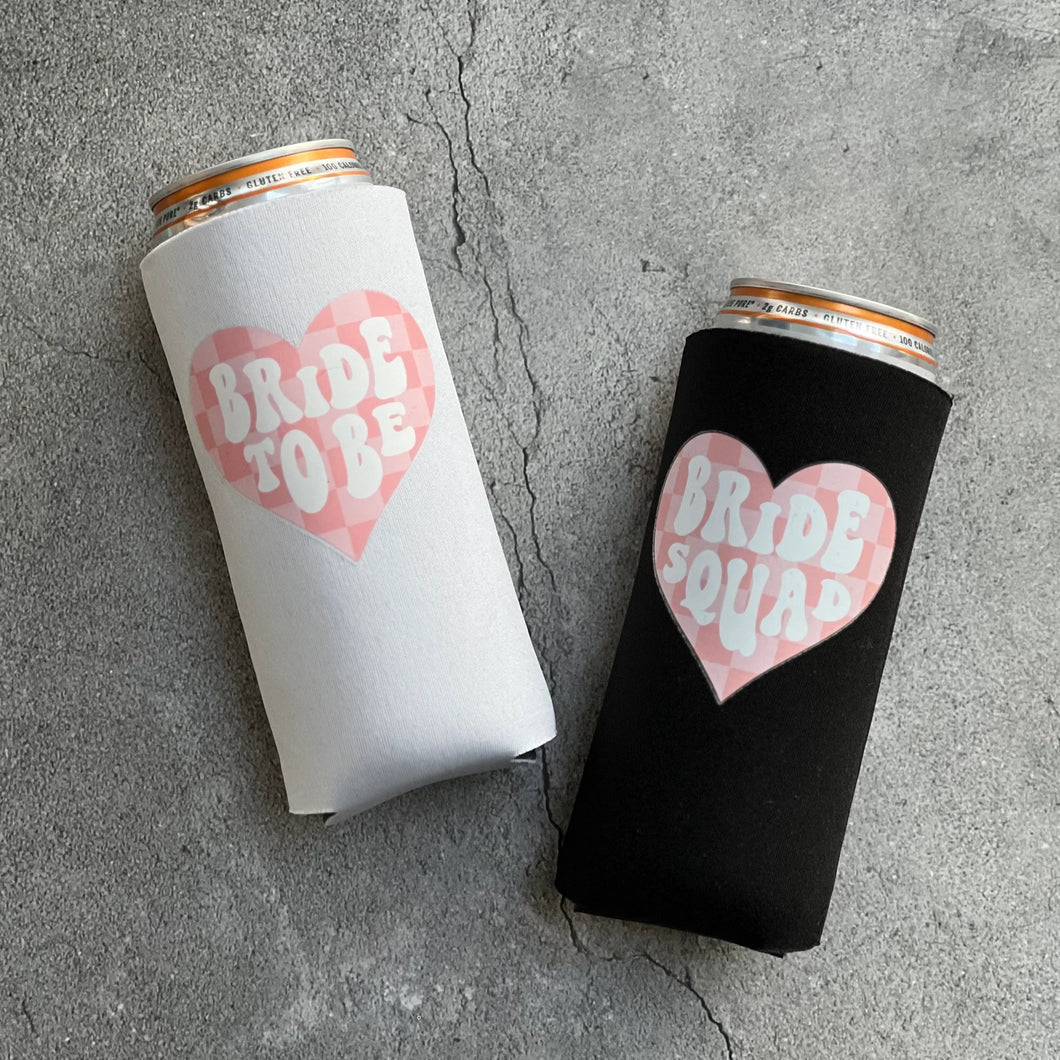 Retro Bride to Be and Bride Squad Checkered Heart Bachelorette Party Slim Seltzer Can Coolers