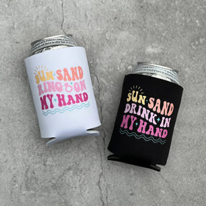 Sun Sand Ring on my Hand Drink in my Hand Retro Summer Beach Bachelorette Can Coolers
