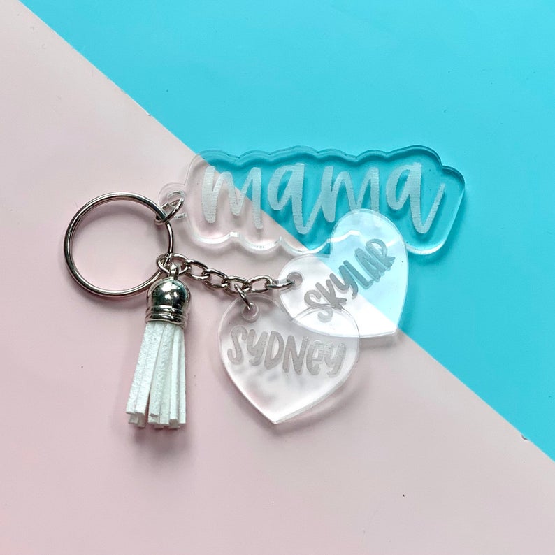 Custom Clear Acrylic Mom Keychain with Kids' Names and Tassel