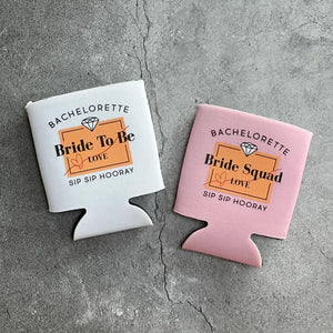 Sip Sip Hooray Bride to Be and Bride Squad Bachelorette Party Can Coolers