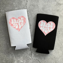 Load image into Gallery viewer, Retro Bride to Be and Bride Squad Checkered Heart Bachelorette Party Slim Seltzer Can Coolers
