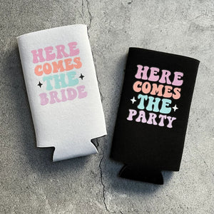 Here Comes the Bride Here Comes the Party Retro Bachelorette Party Slim Seltzer Can Coolers