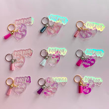 Load image into Gallery viewer, Custom Iridescent Acrylic Mom Keychain with Kids&#39; Names and Tassel
